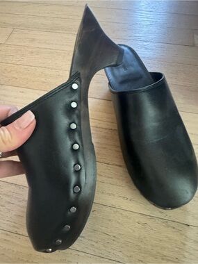 Massimo Dutti Black Studded Leather Mule Heels